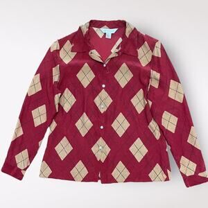 Petite Sophisticate Silk Button-Up Argyle Shirt Womens Size 10 Red Tan